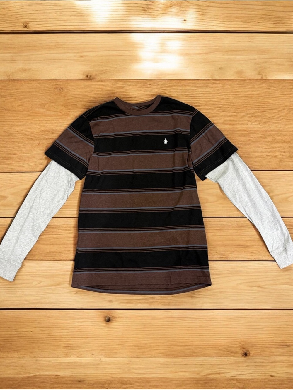 Volcom Brown and Black Striped Layered-Look Long Sleeve Tee